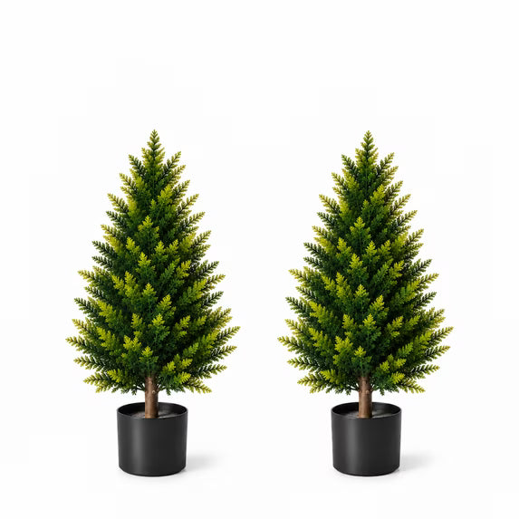 3ft Faux Cedar Tree, Xramfy Cedar Trees with Realistic Leaves, Artificial Plants Indoor with Natural Wood Trunk, 2 Pack Fake Cedar Silk Tree with Pot, Fake Plants for Home Decor, Office, Living Room