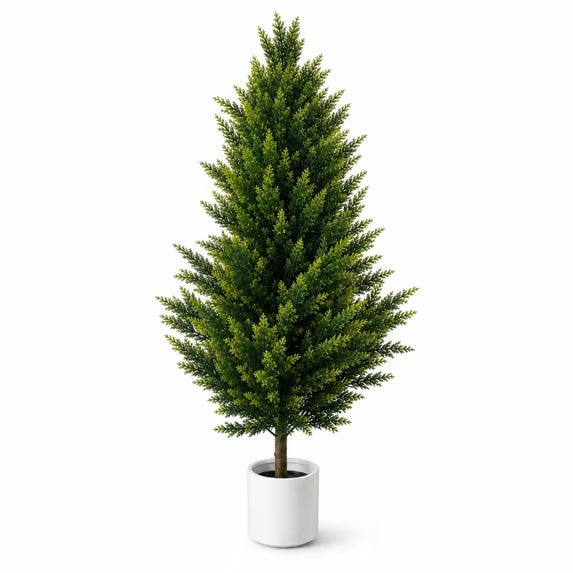 4.9ft Faux Cypress Tree, Xramfy Cypress Trees with Realistic Layered Foliage, Artificial Plants Indoor with Pot , Fake Cedar Silk Tree with Natural Wood Trunk for Home Decor, Office, Living Room