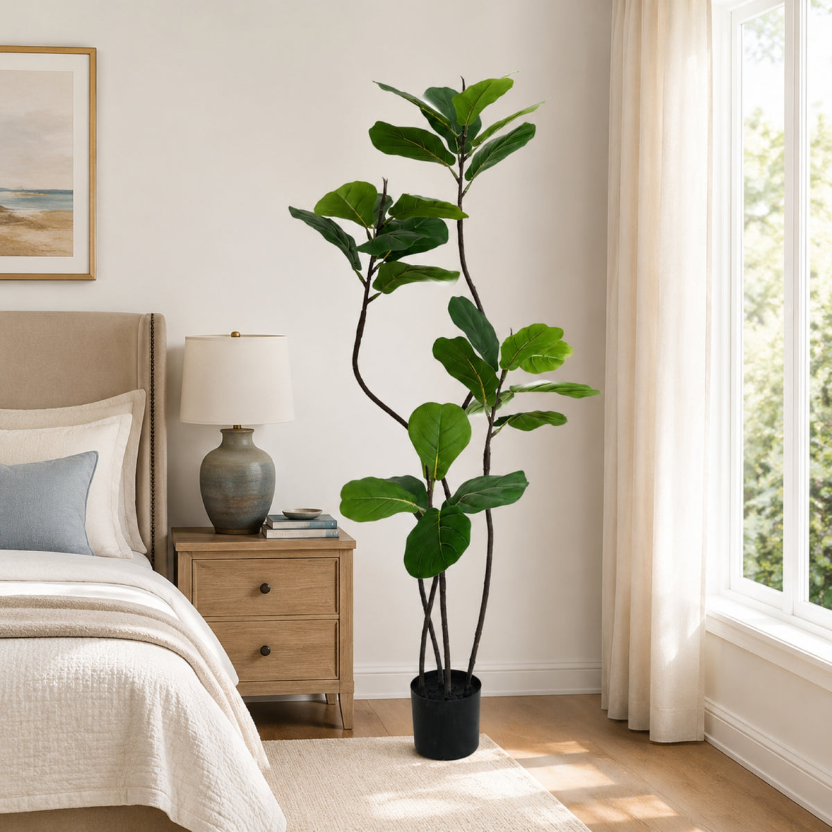 Artificial Fiddle Leaf Fig Tree, 5.2Ft Large Faux Tree Tall Fake Floor Plant with Black Pot, Xramfy Artificial Plants Indoor, Lifelike Fake Trees for Home, Decor, Living Room, Indoor & Outdoor