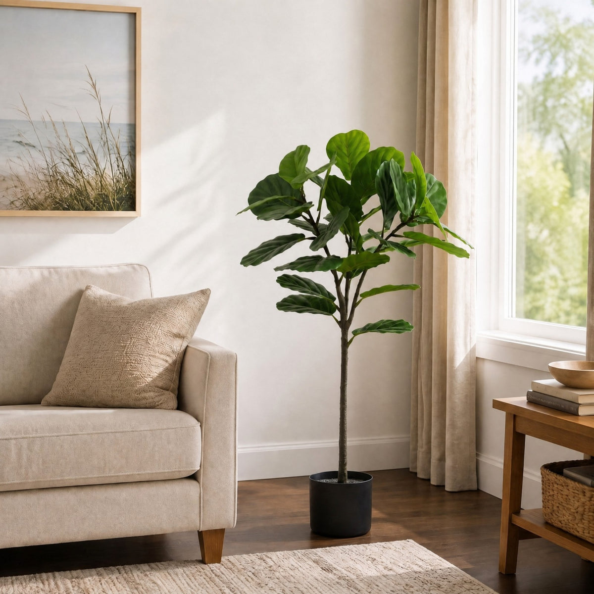 Artificial Fiddle Leaf Fig Tree, Xrmafy 4.3Ft Large Faux Tree with Black Pot, Lifelike Fake Trees with Realistic Trunk & Leaves, Artificial Plants Indoor for Home Office Living Room Décor