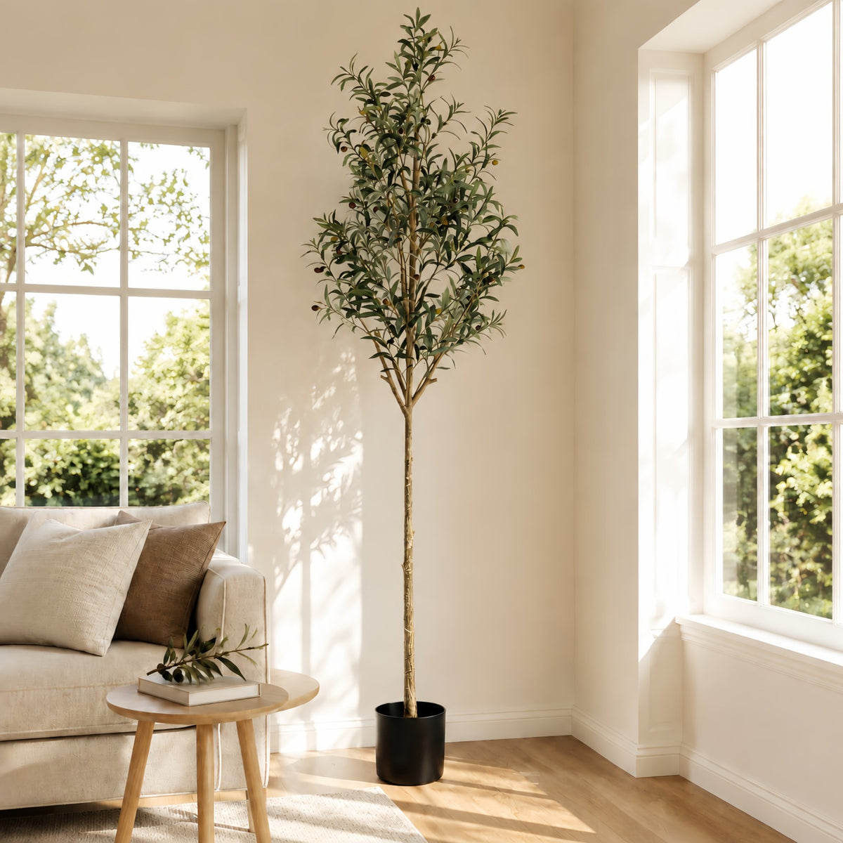 7ft Faux Olive Tree, Xramfy Olive Trees Artificial Indoor with Realistic Leaves and Fruits, Large Fake Olive Silk Tree with Pot & Natural Wood Trunk, Suitable for Home Decor, Office, Living Room