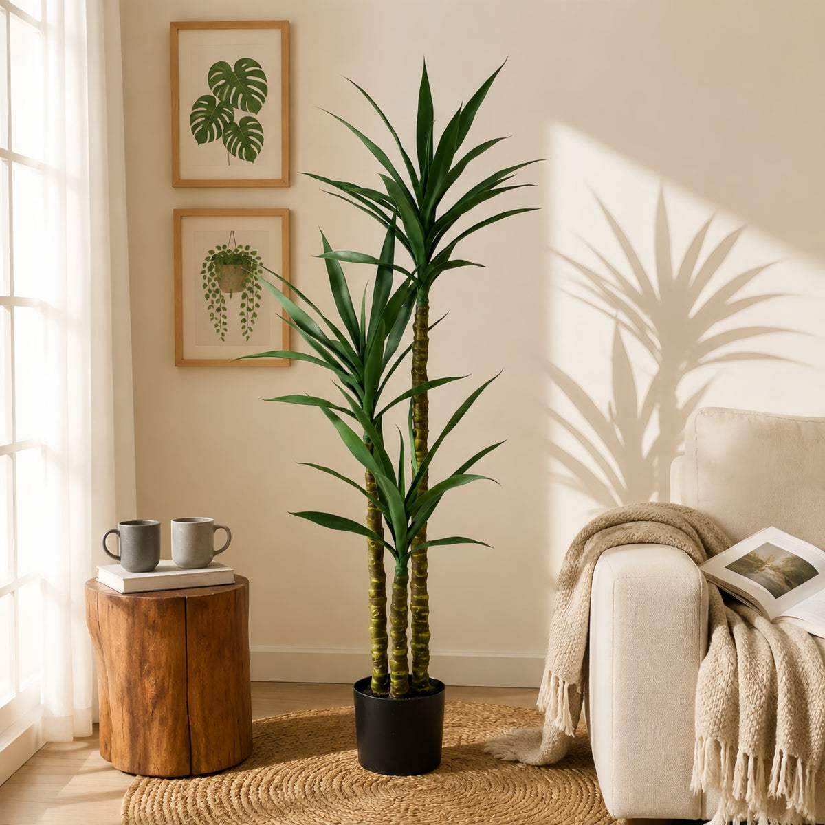 4.6ft Faux Plants Indoor, Artificial Plants with Natural Wood Trunk, Xramfy Artificial Agave Plant with Lifelike Fruits, Tall Fake Yucca Silk Tree, Fake Tree Plant for Home Office Decor
