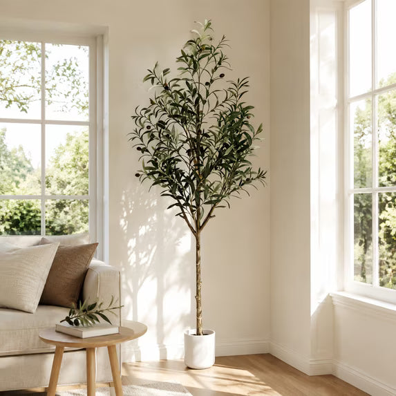 6ft Faux Olive Tree, Xramfy Olive Trees Artificial Indoor with Realistic Leaves and Fruits, Large Fake Olive Silk Tree with Pot & Natural Wood Trunk, Suitable for Home Decor, Office, Living Room