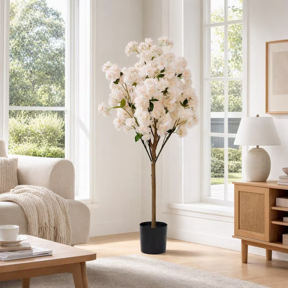 Artificial Cherry Blossom Tree, Xramfy Fake Plants with Silk Flower, Fake Cherry Blossom Tree with Plastic Pot, Artificial Faux Fake Trees for Home Office Indoor Outdoor Decor Wedding Party