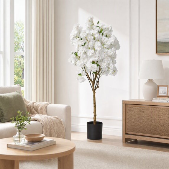 Artificial Cherry Blossom Tree, Xramfy Fake Plants with Silk Flower, Fake Tree with Plastic Pot, Artificial Faux Fake Trees for Home Office Indoor Outdoor Decor Wedding Party
