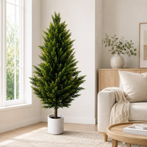 Artificial Topiary Cedar Trees, 5FT Artificial Tree for Outdoors, Xramfy UV Resistant Artificial Outdoor Plants, Faux Pine Tree for Front Porch Décor, Faux Evergreen Fake Pine Cypress Trees for Home