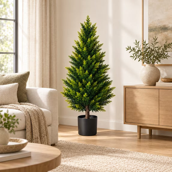 Artificial Topiary Cedar Trees, 4FT Artificial Tree for Outdoors, Xramfy UV Resistant Artificial Outdoor Plants, Faux Pine Tree for Front Porch Décor, Faux Evergreen Fake Pine Cypress Trees for Home