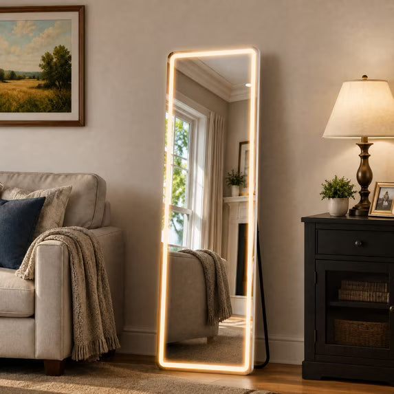 Full Length Mirror with LED 3 Color Lighting, Jintevesa 60"x 16" Rectangular Floor Mirror for Bathroom Living Room, Wall Mounted Mirror Bedroom and Entryway, White