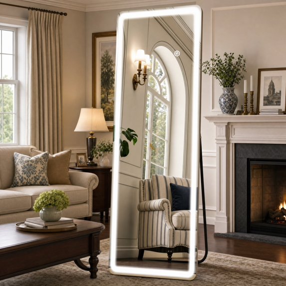 Full Length Mirror with LED 3 Color Lighting, Jintevesa 63"x 20" Rectangular Floor Mirror for Bathroom Living Room, Wall Mounted Mirror Bedroom and Entryway, White