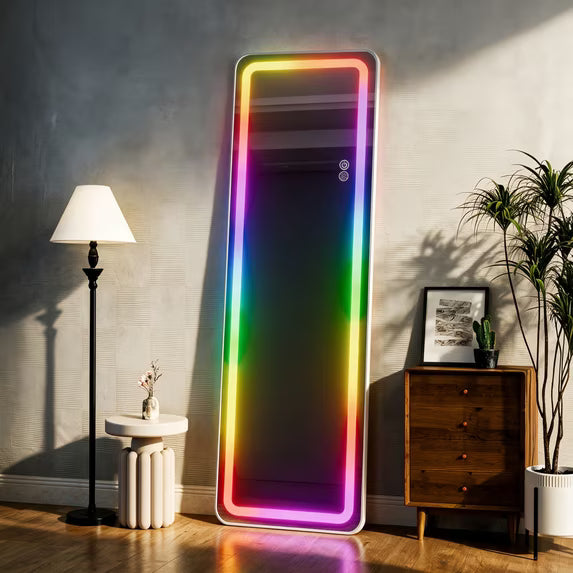 Full Length Mirror with Lights, Jintevesa 63"x 20" LED RGB Full Body Mirror with Stand, Wall Mount Floor Mirror for Bedroom Living Room Cloakroom, Multiple Color & Brightness Adjustable