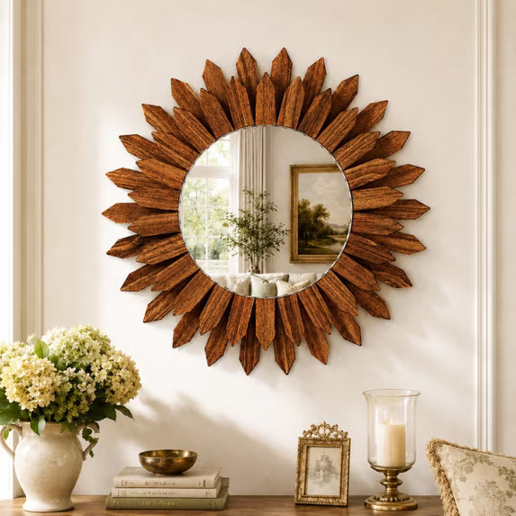Jintevesa 20" Rustic Round Wood Mirror Boho Decorative Mirror Farmhouse Wall Decor Sunburst Mirror,Dark Brown
