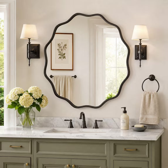 Jintevesa 24" Round Bathroom Mirror Wall Mounted Vanity Wavy Mirror with Aluminum Alloy Frame, Black