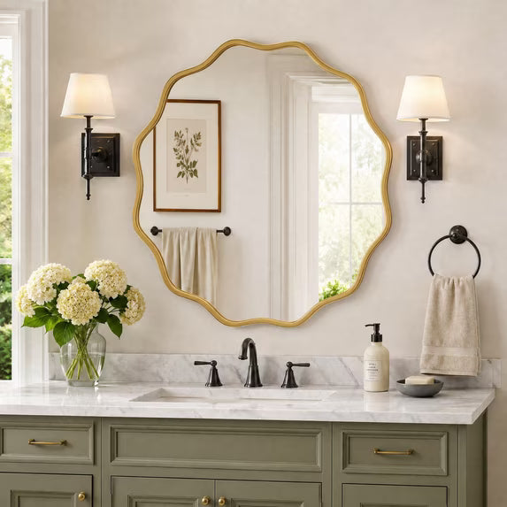 Jintevesa 24" Round Bathroom Mirror Wall Mounted Vanity Wavy Mirror with Aluminum Alloy Frame, Gold