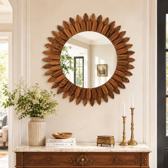Jintevesa 24" Rustic Round Wood Mirror Boho Decorative Mirror Farmhouse Wall Decor Sunburst Mirror,Dark Brown