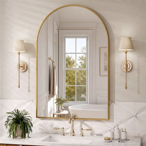 Jintevesa 24"x36" Arched Bathroom Mirror Wall Mounted Vanity Mirror, Gold