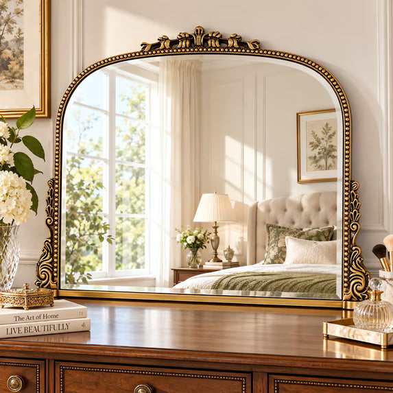 Jintevesa 27"x36" Vintage Bathroom Mirror Arched Decorative Wall Mirror Baroque Style Vanity Mirror, Antique Gold