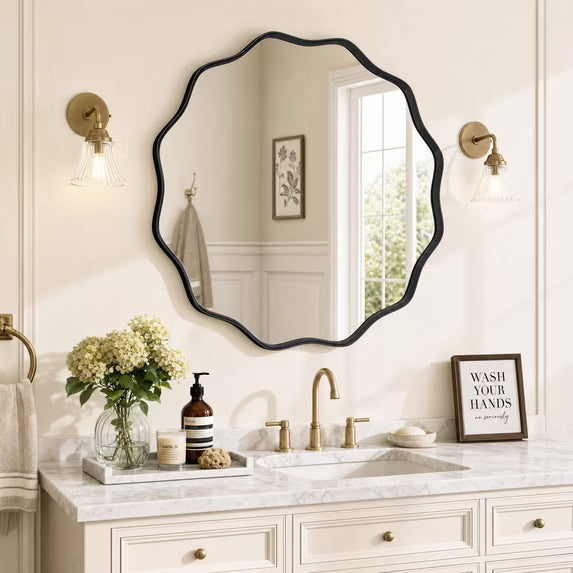 Jintevesa 30" Round Bathroom Mirror Wall Mounted Vanity Wavy Mirror with Aluminum Alloy Frame, Black