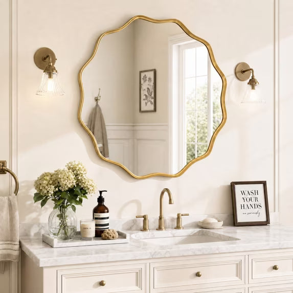 Jintevesa 30" Round Bathroom Mirror Wall Mounted Vanity Wavy Mirror with Aluminum Alloy Frame, Gold