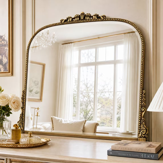 Jintevesa 32"x44" Vintage Bathroom Mirror Arched Decorative Wall Mirror Baroque Style Vanity Mirror, Antique Gold
