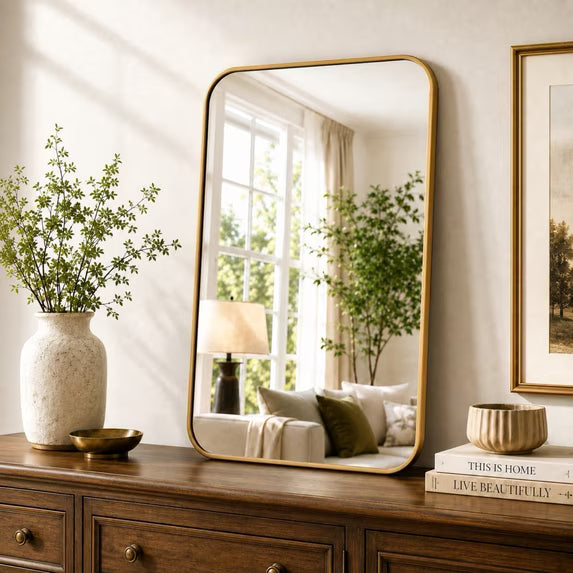 Jintevesa 36"x 24" Rectangular Bathroom Mirror Leaning or Wall Mounted Wall Mirror,Gold