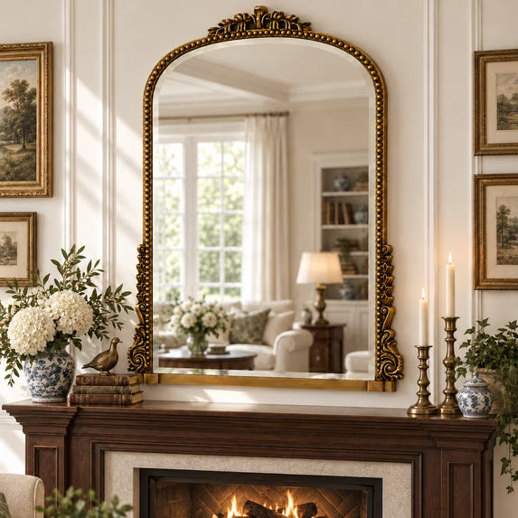 Jintevesa 40"x 28" Arched Vintage Bathroom Mirror Decor Wall Mirror Wall Mounted, Antique Gold