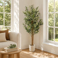 Olive Trees Artificial Indoor, Xramfy 5ft Faux Olive Tree with White Planter, Artificial Plants with Natural Wood Trunk and Lifelike Fruits, Faux Plants Indoor for Living Room Home Office Decor