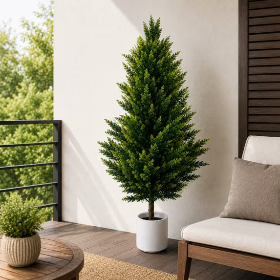 Artificial Topiary Cedar Trees, 5FT Artificial Tree for Outdoors, Xramfy UV Resistant Artificial Outdoor Plants, Faux Pine Tree for Front Porch Décor, Faux Evergreen Fake Pine Cypress Trees for Home