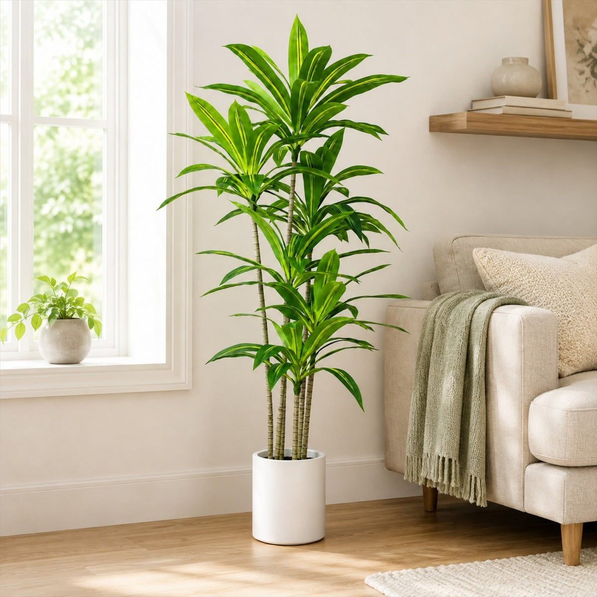 Dracaena Artificial Plant, Xramfy 4ft Artificial Trees Indoor with White Pot, Large Tropical Indoor Fake Tree with Lifelike Leaves, Real Touch Plant for Home Office Living Room Decor Outdoor
