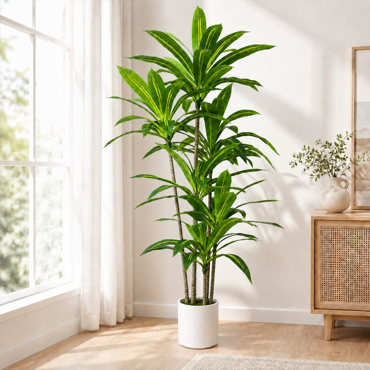 Dracaena Artificial Plant, Xramfy 4ft Artificial Trees Indoor with White Pot, Large Tropical Indoor Fake Tree with Lifelike Leaves, Real Touch Plant for Home Office Living Room Decor Outdoor